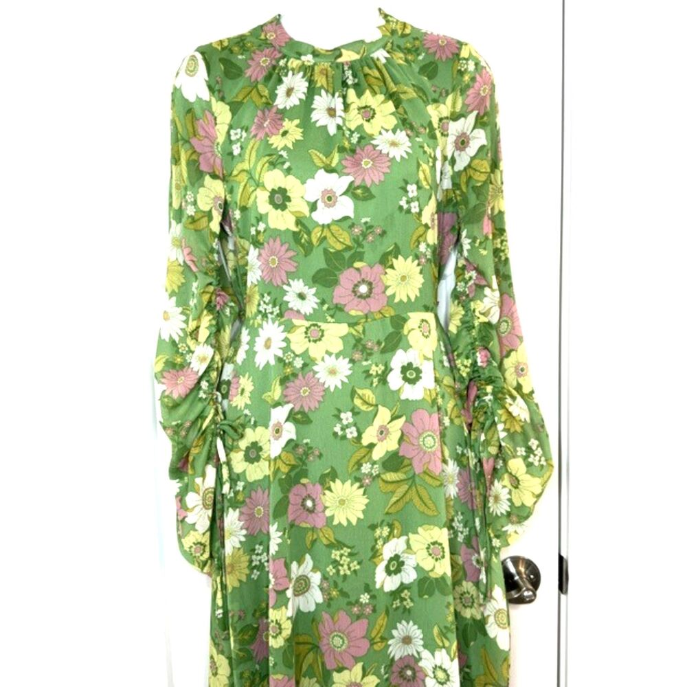TOPSHOP 70'S RETRO FLORAL PRINT CHIFFON MIDI DRESS OPEN BACK LONG SLEEVE SIZE 4 - Picture 4 of 15